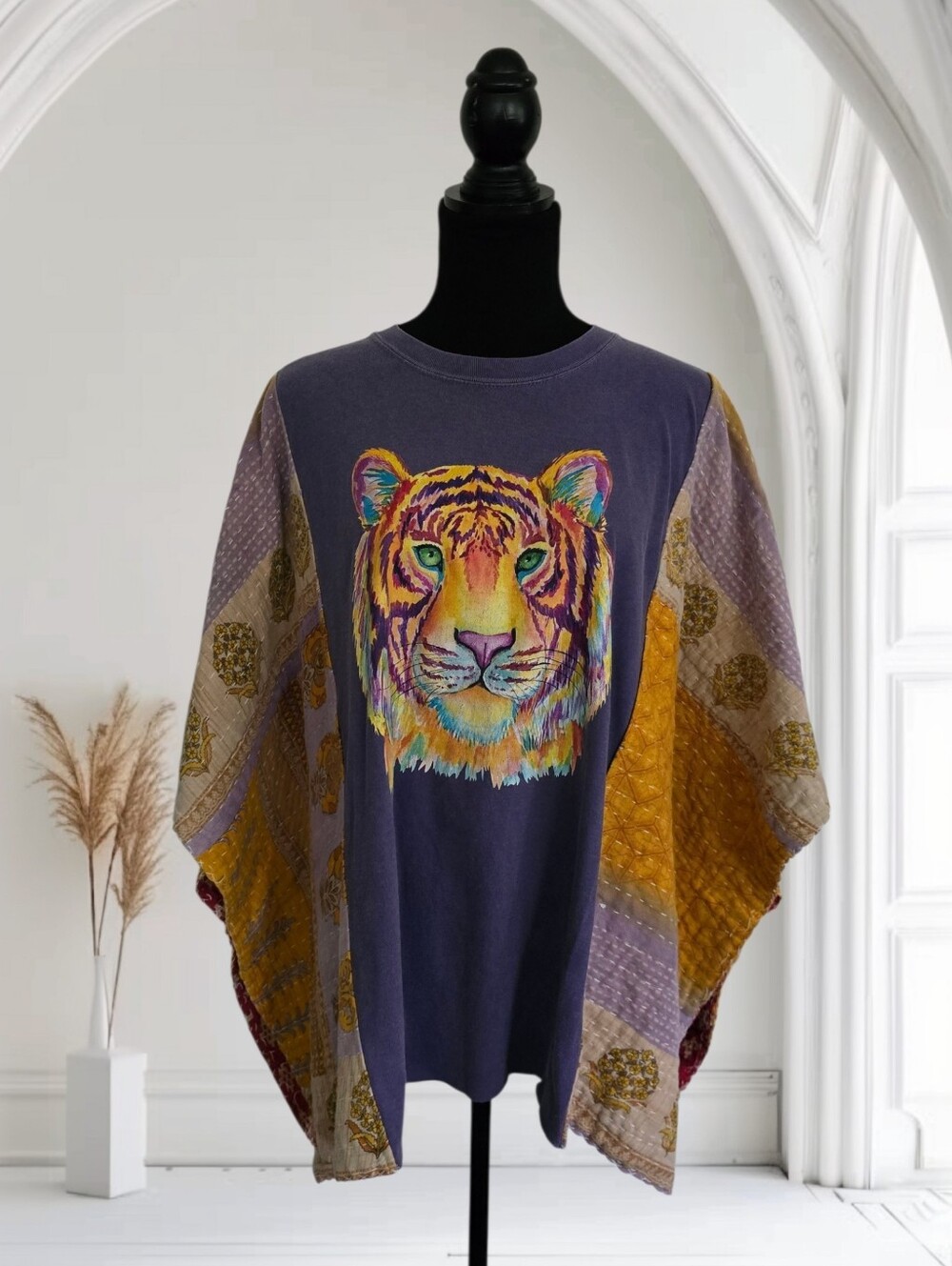Upcycled Colorful Tiger Graphic Tee With Kantha Sleeves, OS - Picture 2 of 6